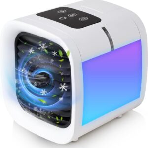 Portable Evaporative Air Cooler – 5-Speed Mist Fan with 7-Color Lights & 12.5oz Tank for Room, Office, Car & Camping