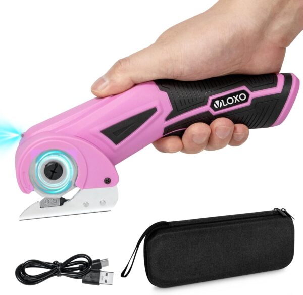 VLOXO Cordless Electric Cardboard & Fabric Cutter - 4V Rotary Scissors with Safety Lock & Storage Box (Pink)